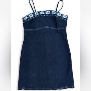 Vintage Denim Mini Dress with Floral Embroidery